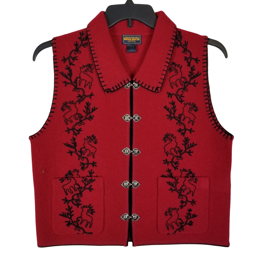 Woolrich Womens Ruby Red 100%‎ Wool Moose Embroidered Vest Silver Heart Clasps M